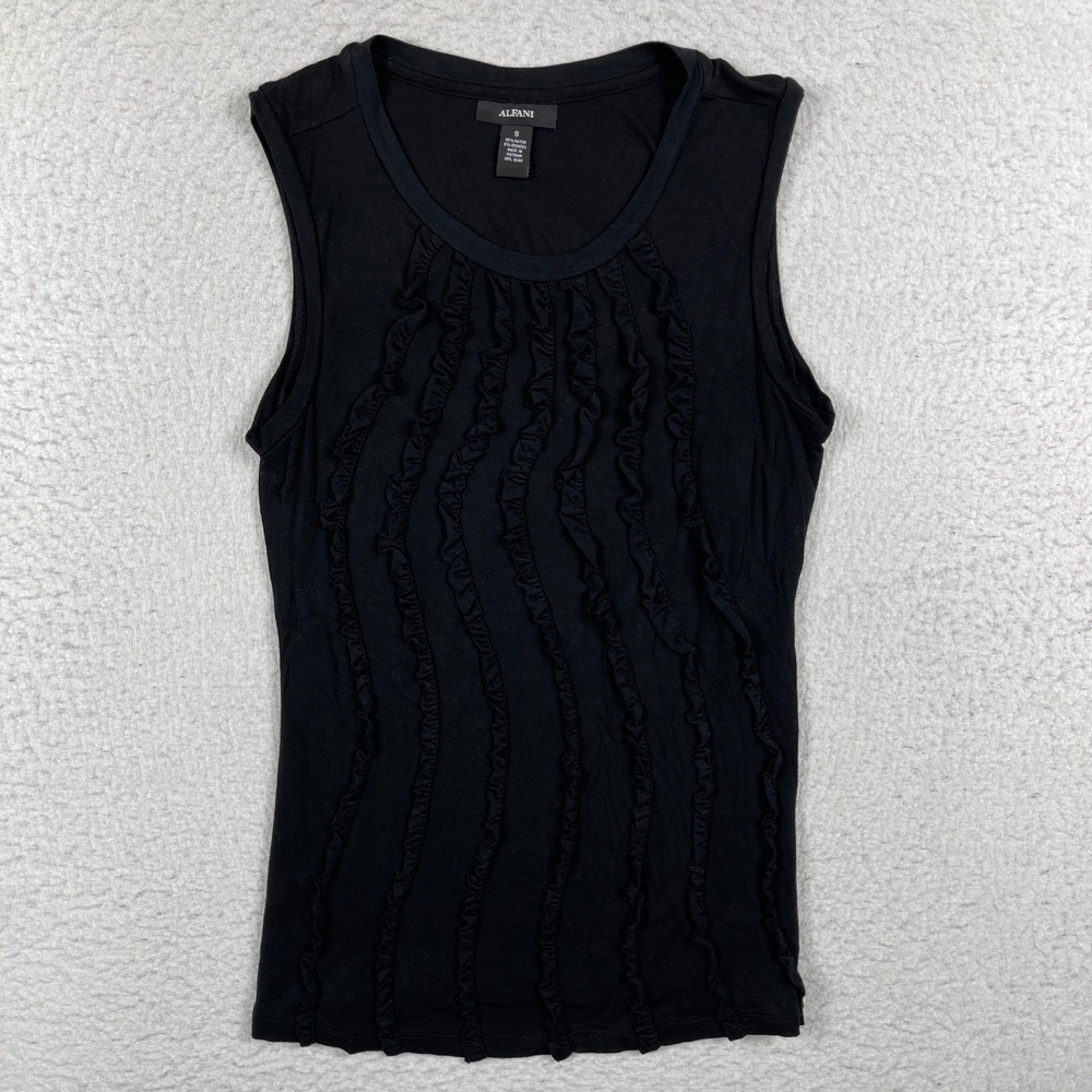Alfani Shirt Womens Small Black Sleeveless Tank Top Ruffle Knit Classic Chic